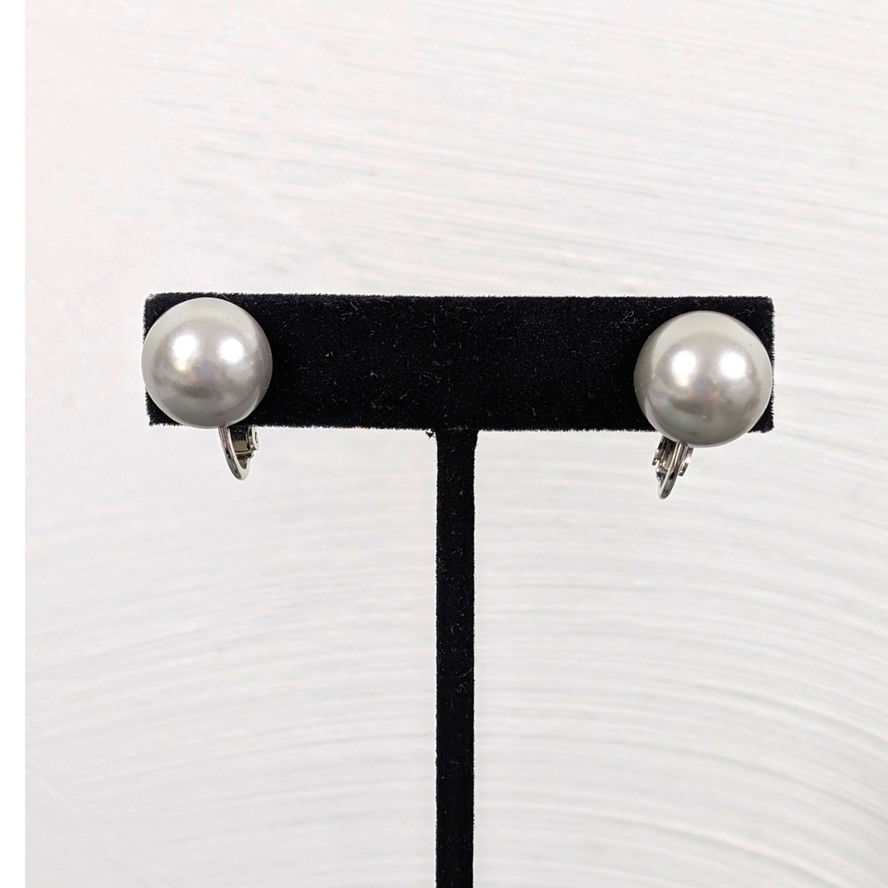 Vintage‎ Gray Faux Pearl Clip On Earrings Silver Tone Screw Back